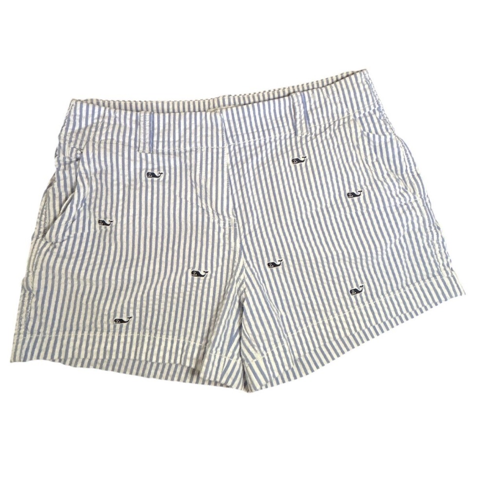 Vineyard Vines Cotton Shorts 8 Blue White Seersucker Whale Embroidered Stripe
